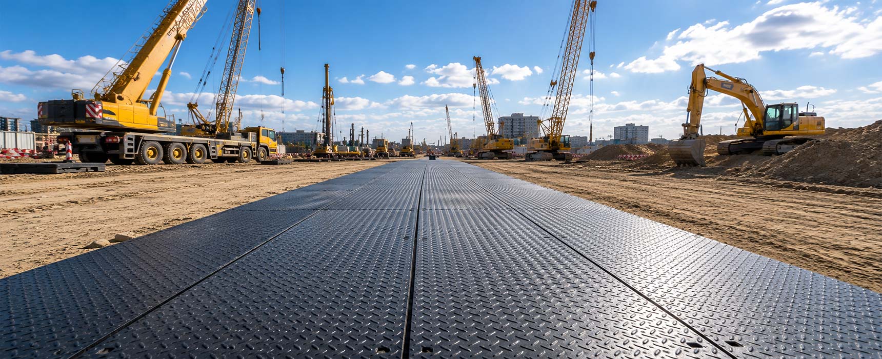 Temporary textured mat route through an outdoor construction area