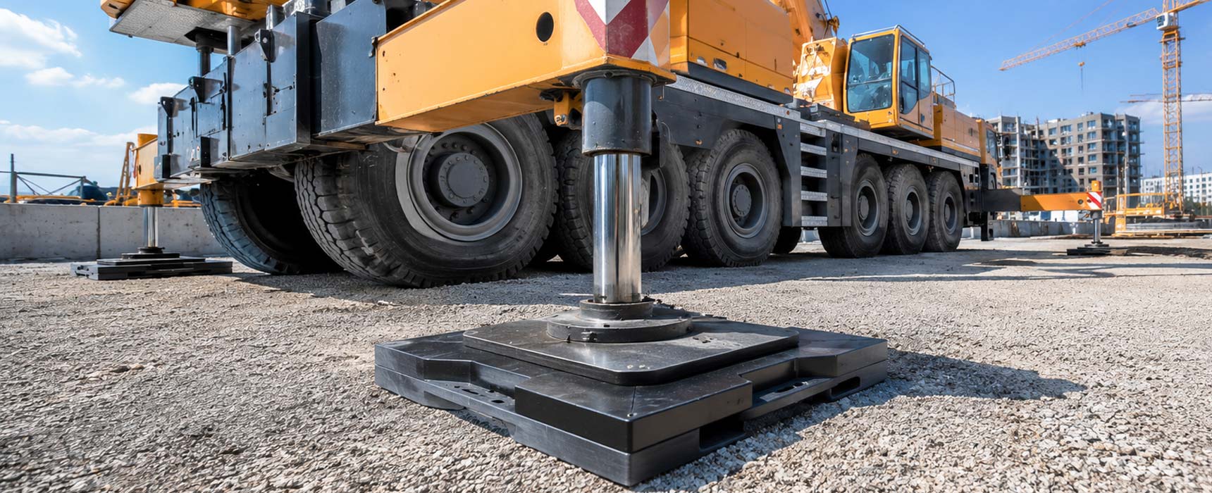 Crane foot supported on a rectangular black pad at a worksite